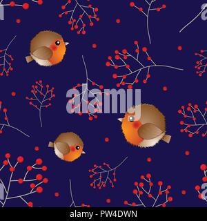 Red Robin Bird and Berry on Navy Blue Background. Vector Illustration. Stock Vector