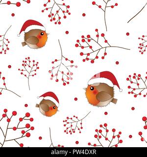 Red Robin Bird Santa Claus and Berry on White Background. Vector Illustration. Stock Vector