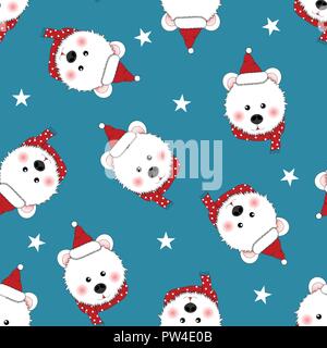 White Bear Santa Claus with Red Scarf Polka Dot on Indigo Blue Background. Vector Illustration. Stock Vector