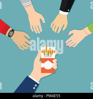 Smoke break flat design concept. People hands are reaching for cigarette pack. Stock Vector