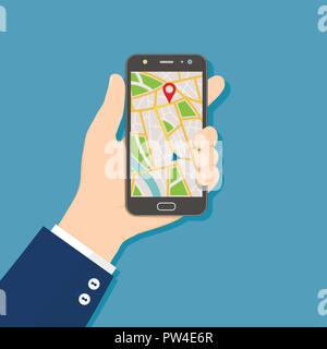 GPS navigation flat design concept. Hand holding mobile phone with GPS navigation map on screen. Stock Vector