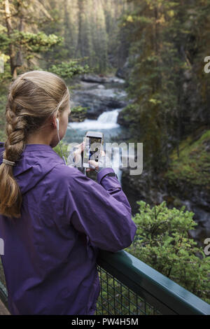 Rear view of teenage girl photographing with smart phone while standing by railing in forest Stock Photo