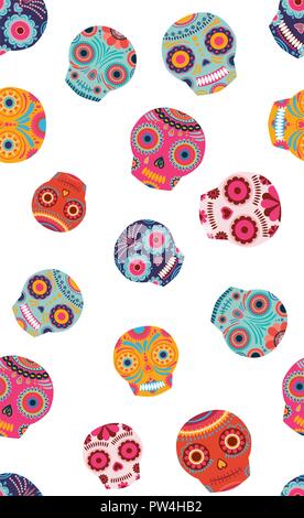 Vector happy and colorful sugar skulls seamless pattern on white background. Perfect for Halloween, fabric, quilting, scrapbookpaper, wallpaper and cr Stock Vector