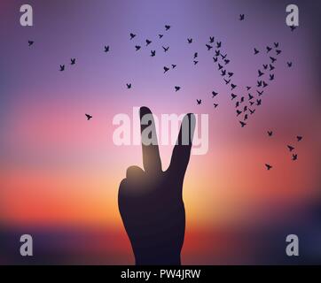 Hand victory symbol silhouette birds in sunset sky Stock Vector