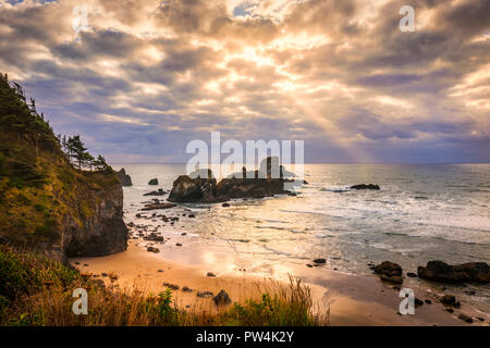 Sun rays and beach in Ecola State Park, Oregon, USA. Stock Photo