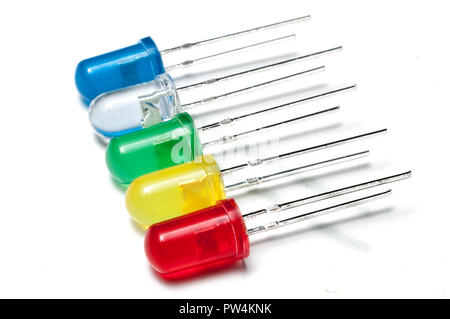 Five colored LED (light emitting diode) on white background Stock Photo