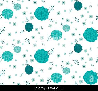Trendy seamless floral pattern. White background with fun modern flowers and leaves in blue, navy and turquoise. Perfect for fabric, scrapbooking, Stock Vector