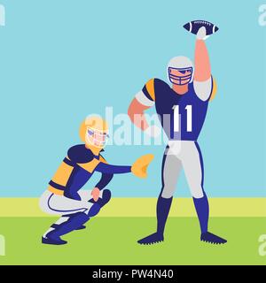 american football players with safety equipment over landscape background, colorful design. vector illustration Stock Vector