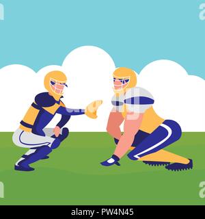 american football players with safety equipment over landscape background, colorful design. vector illustration Stock Vector