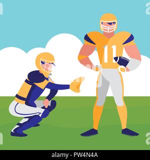 american football players with safety equipment over landscape background, colorful design. vector illustration Stock Vector