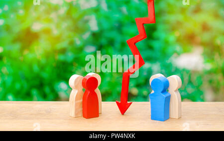 The way of the deal, humility and dialogue. Two groups of people separated by a red arrow. Concept of conflict of interest and confrontation. Deplomic Stock Photo