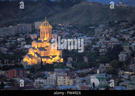 Georgia, Tbilisi, skyline, Holy Trinity Cathedral, aerial view, Stock Photo