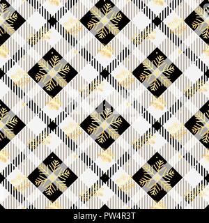 Plaid checkered tartan and golden snowflake seamless pattern in black and white colors. Vector eps10 Stock Vector