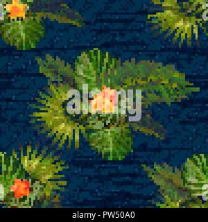 Floral seamless pattern. Colorful flowers on the dark backdrop. The effect of embroidery on denim Stock Vector