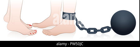 Possessive an dominating woman with chained man. Symbol for jealousy, restriction or captivity of love couples in a constraining partnership. Stock Photo