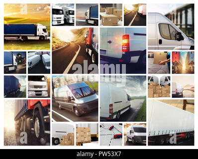 Collage composition with vans and trucks. Concept of transport and logistic Stock Photo