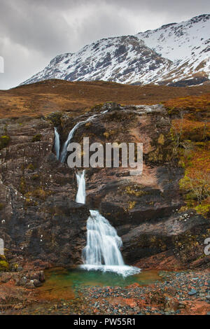 Meeting of Three Waters, waterfall at the foot of the Three Sisters of Glen Coe / Glencoe in winter, Highlands, Scotland, Great Britain Stock Photo