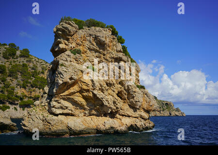 Mallorca's northern coast with rock formations and the dark blue Mediterranean Sea, Balearic Islands, Spain. Stock Photo