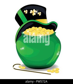 Ceramic pot with gold coins. shining with gold. Isolated on white vector illustration Stock Vector