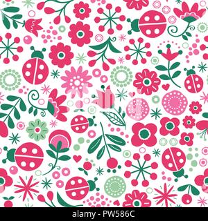Seamless floral retro vector pattern - hand drawn vintage Scandinavian style textile design with red and green flowers and ladybirds on white Stock Vector