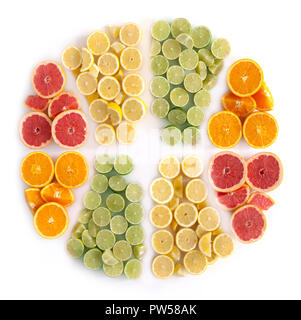 Many fruits in the shape of a sliced citrus including oranges, grapefruits, lemons and limes Stock Photo