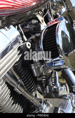 Classic Harley Davidson Engine close up at Château de Neuville in Gambais (78) – France. Stock Photo