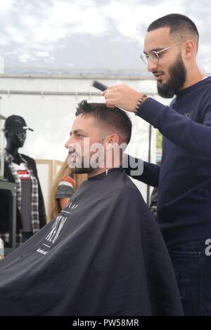 Harley Davidson Barber at work at Château de Neuville in Gambais (78) – France. Stock Photo