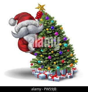 Funny Santa decorating Christmas tree as a winter holiday greeting or poster icon on a white background with 3D illustration elements. Stock Photo