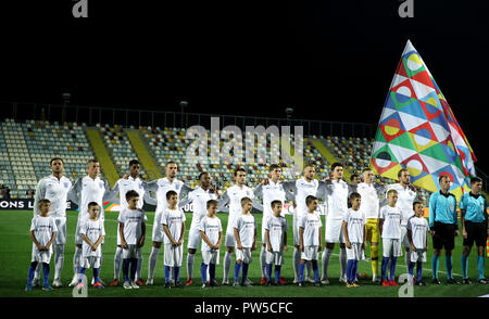 Empty stands behind the England team line-up for the national anthem before the UEFA Nations League match at Stadion HNK Rijeka in Croatia. Stock Photo