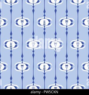Folk Floral Ogee on Blue Background Vector Seamless Pattern. Hand-Drawn Delft Blooms. Traditional Monochrome Flora. Geometric Doodle. Stock Vector