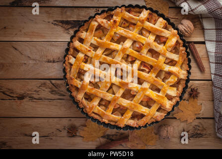 Homemade apple pie on wooden background, top view, copy space Stock Photo
