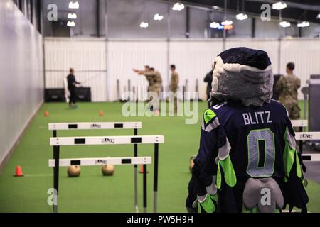 Seattle Seahawks mascot, Blitz, console Seattle Seahawks quarterback  Russell Wilson (3) as he departs the field after their 31-34 loss to the  Arizona Cardinals at CenturyLink Field in Seattle, Washington on December