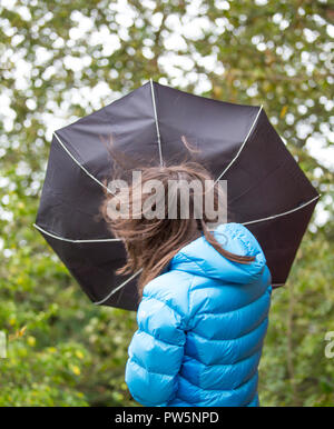 Kidderminster, UK. 12th October, 2018. UK weather: it's very wet and windy! Whilst milder temperatures may be tempting us outdoors, visitors to a Kidderminster park have to brave heavy spells of rain and increasingly strong, gusting winds this morning. An isolated young lady, rear view, is struggling in the windy weather: her long hair being blown about and big, black brolly blown completely inside-out by a sudden gust of wind. Credit: Lee Hudson/Alamy Live News Stock Photo