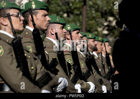 Granada, Spain. 12th Oct, 2018. Members of military forces in Granada seen before the military parade during the National Day. In Spain each October 12th is celebrated the Hispanic Day, this festivity commemorates the arrival of Christopher Colombus to América. Credit: Carlos Gil/SOPA Images/ZUMA Wire/Alamy Live News Stock Photo