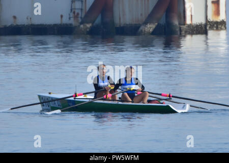 Elanora Denich and Frederica Molinaro of Trieste, Italia with a 1st place finish in the 2nd heat of the women's double sculls at the WRCC2018. Stock Photo