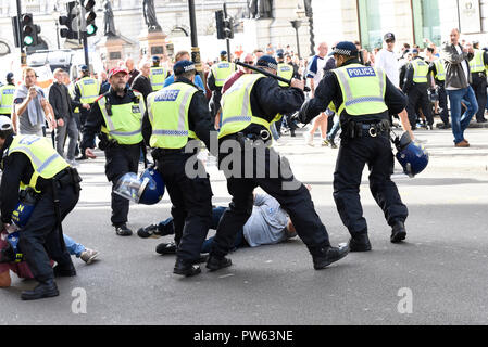 Democratic Football Lads Alliance DFLA marching towards Parliament, London, in protest demonstration. Marchers broke through a police cordon and scuffles took place. Officers with raised batons over white male on floor Stock Photo