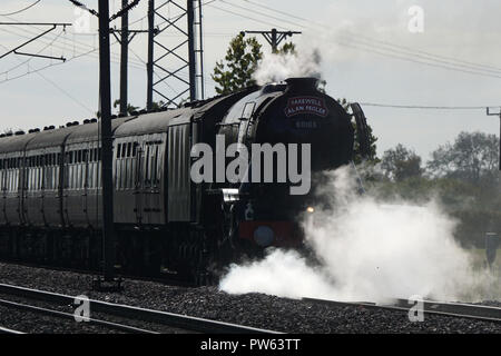 Flying Scotsman leaving a siding on the East Coast Mail Line, having stopped to take on water during an excursion planned as a memorial to Alan Pegler, the man who saved the locomotive from the scrap yard in 1963.  Pictured here a few miles after the section at Sutton Bank where she secured the land speed record at 100mph in 1934 and where during the memorial run Alan Peglar's ashes were committed to the firebox. Stock Photo