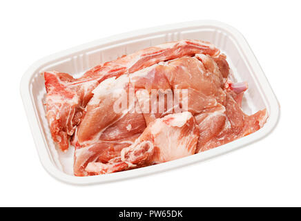 Pork spine bone for soup in biodegradable plastic tray, deep focus stacking image, include pentool path Stock Photo