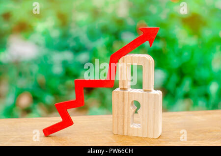 Padlock and red arrow up. concept of increasing security and secrecy, protecting private data, legal assistance. Increase in the level of safety. Invu Stock Photo