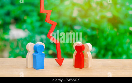 Two groups of people separated by a red arrow. Concept of conflict of interest and confrontation. Deplomic negotiation and showdown. Misunderstanding. Stock Photo