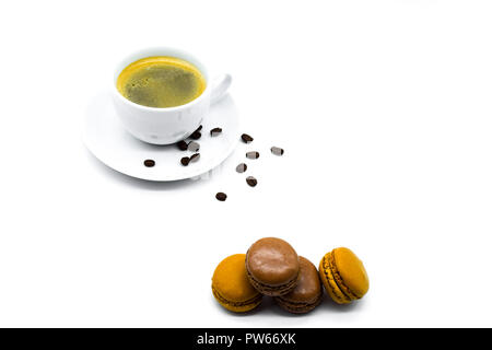 Cup of coffee with macarons isolated on white background Stock Photo