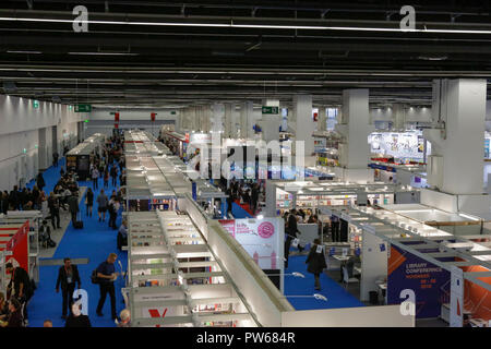 Frankfurt, Germany. 11th Oct, 2018. View over some of the stalls at the Frankfurt Book Fair. The 70th Frankfurt Book Fair 2018 is the world largest book fair with over 7,000 exhibitors and over 250,000 expected visitors. It is open from the 10th to the 14th October with the last two days being open to the general public. Credit: Michael Debets/Pacific Press/Alamy Live News Stock Photo