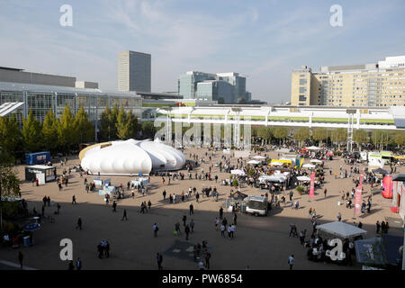 Frankfurt, Germany. 11th Oct, 2018. Overview of the outside area of the Frankfurt Book Fair. The 70th Frankfurt Book Fair 2018 is the world largest book fair with over 7,000 exhibitors and over 250,000 expected visitors. It is open from the 10th to the 14th October with the last two days being open to the general public. Credit: Michael Debets/Pacific Press/Alamy Live News Stock Photo