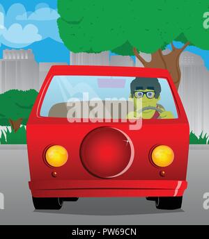 Yellow man driving, holding a steering wheel. Vector cartoon illustration. Stock Vector