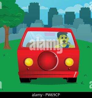 Yellow man driving, holding a steering wheel. Vector cartoon illustration. Stock Vector