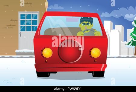 Yellow man driving, holding a steering wheel. Vector cartoon illustration. Stock Vector