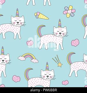 Childish seamless pattern with cute cats unicorn. Creative texture for fabric Stock Vector