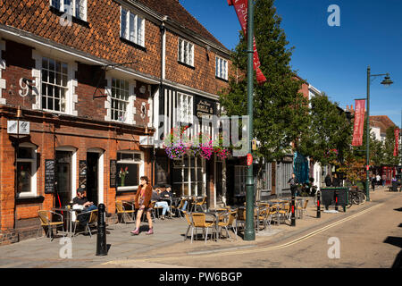 UK, Kent, Canterbury, Palace Street, customers outside tile-hung Bell and Crown pub in sunshine Stock Photo