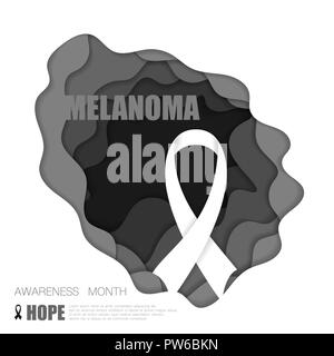 Black cut paper background with ribbon and melanoma text Stock Vector