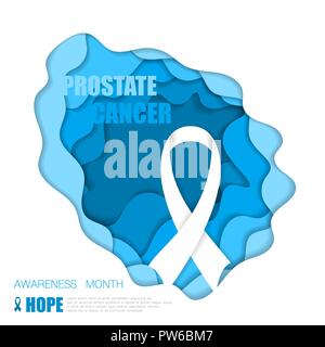 Blue cut paper background with ribbon and prostate cancer text Stock Vector